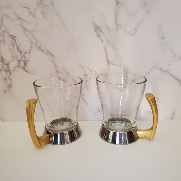 Gold & Stainless Silver MCM Glass Cups Coffee Teacups, Set of 2 - Picture 4 of 6